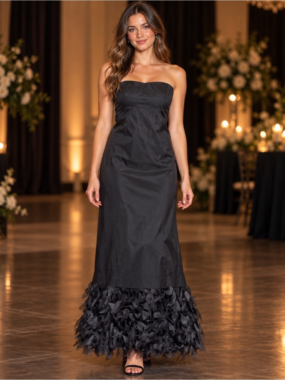 Phoebe Couture Black Strapless Feather Hem Mermaid Formal Dress Homecoming Prom